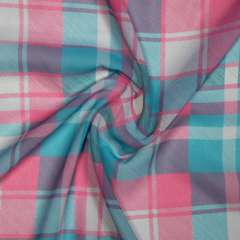 Pink And Teal Checks Pattern Digital Print Muslin Fabric - Fabcurate