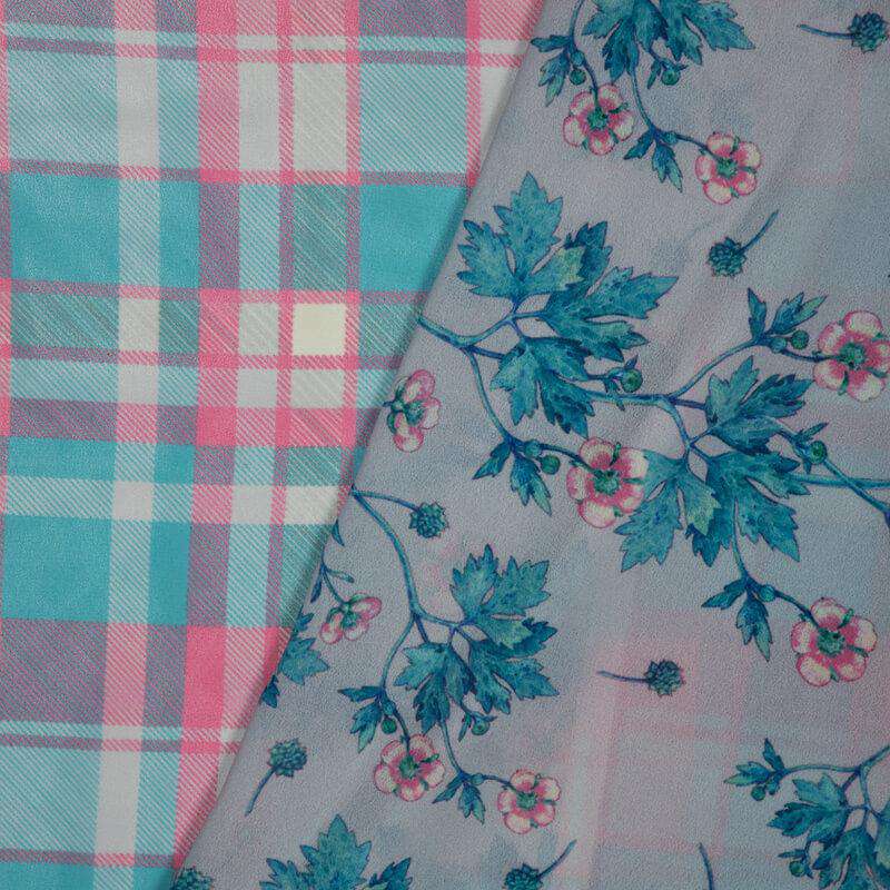 Pink And Teal Checks Pattern Digital Print Muslin Fabric - Fabcurate