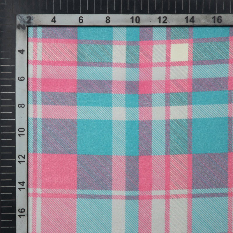 Pink And Teal Checks Pattern Digital Print Muslin Fabric - Fabcurate