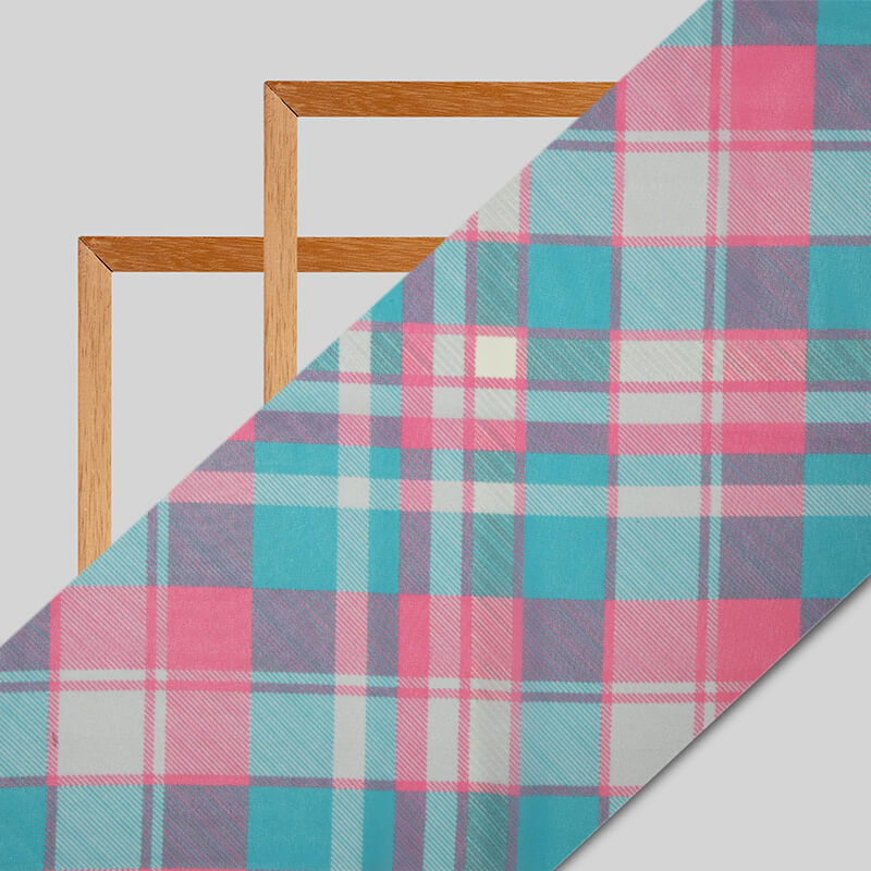 Pink And Teal Checks Pattern Digital Print Muslin Fabric - Fabcurate