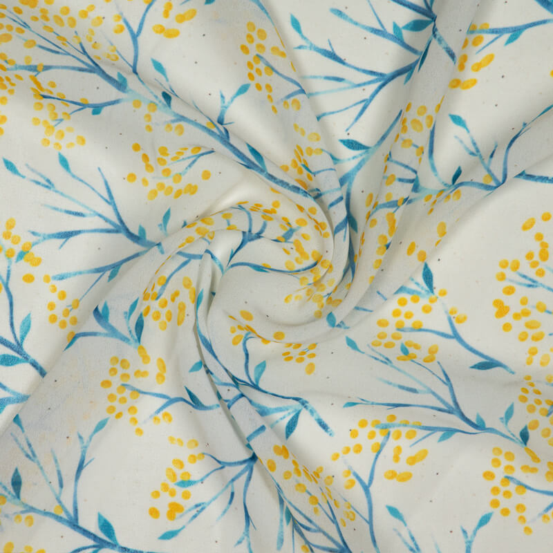 White And Yellow Leaf Pattern Digital Print Muslin Fabric - Fabcurate