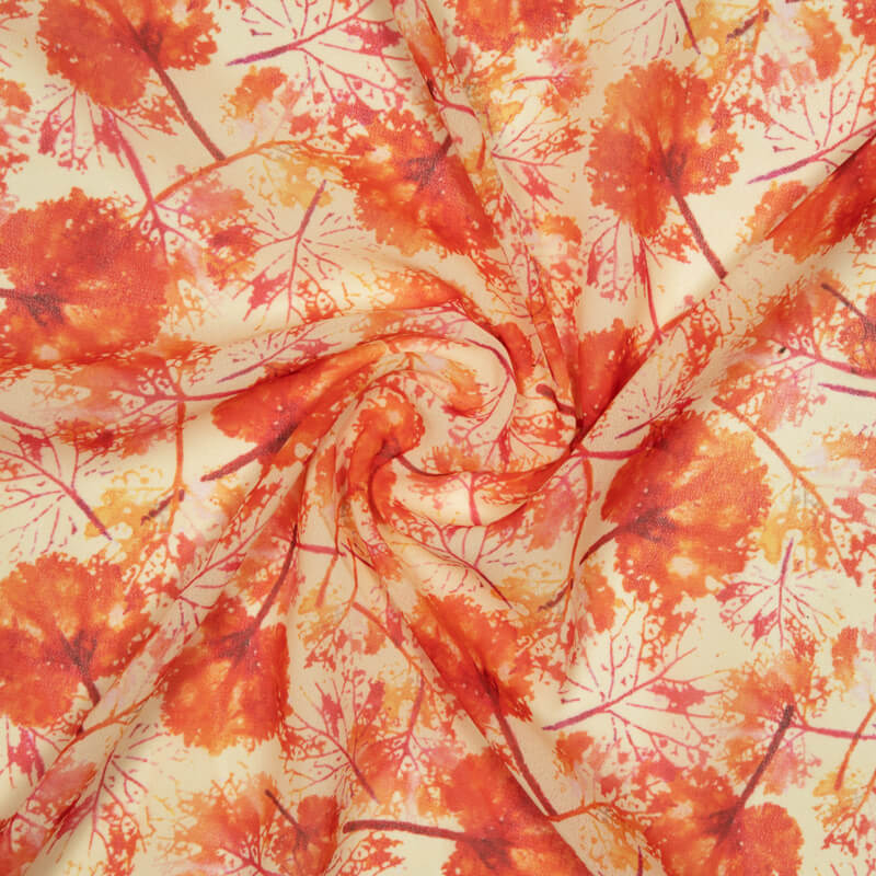 Cream And Orange Leaf Pattern Digital Print Muslin Fabric - Fabcurate