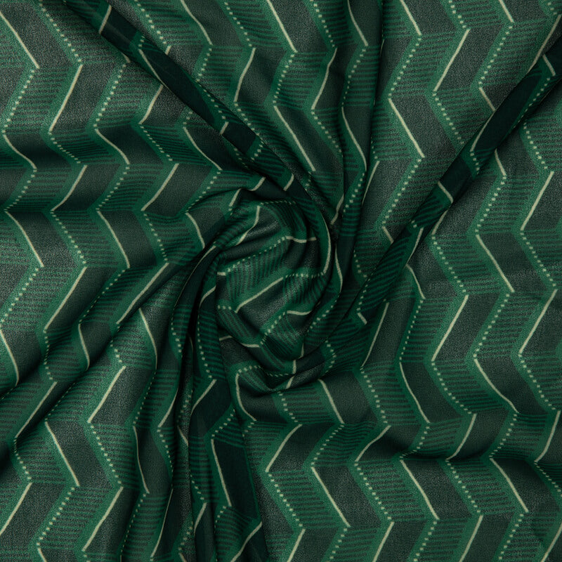 Green Chevron Pattern Digital Print Muslin Fabric - Fabcurate