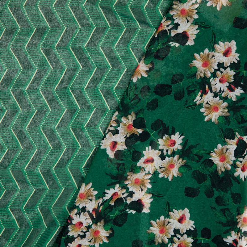 Green Chevron Pattern Digital Print Muslin Fabric - Fabcurate