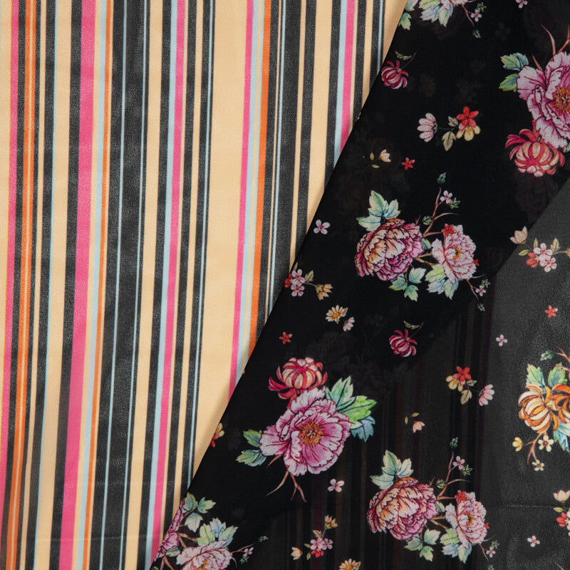 Black Floral Pattern Digital Print American Crepe Fabric - Fabcurate