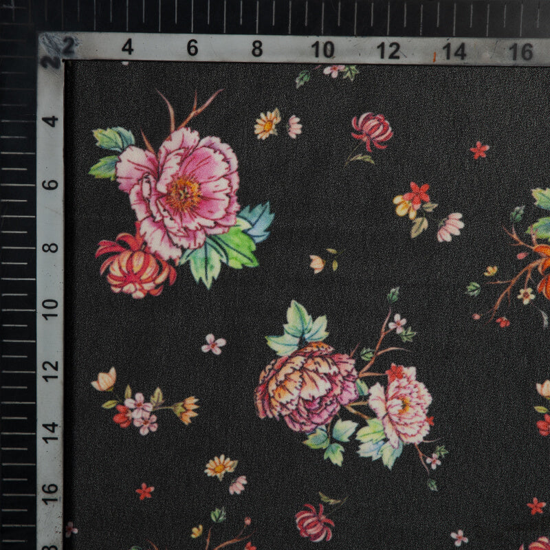 Black Floral Pattern Digital Print American Crepe Fabric - Fabcurate