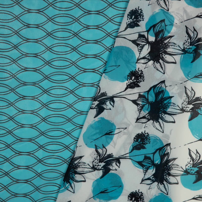 White And Teal Floral Pattern Digital Print American Crepe Fabric - Fabcurate