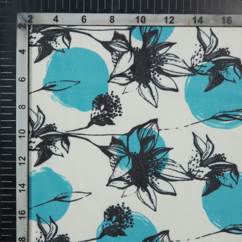 White And Teal Floral Pattern Digital Print American Crepe Fabric - Fabcurate