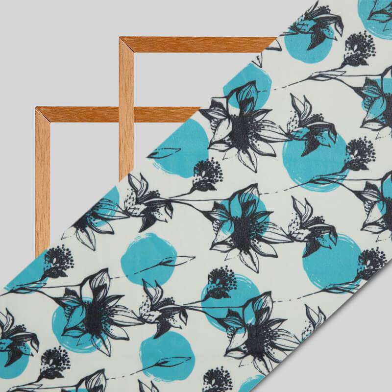 White And Teal Floral Pattern Digital Print American Crepe Fabric - Fabcurate