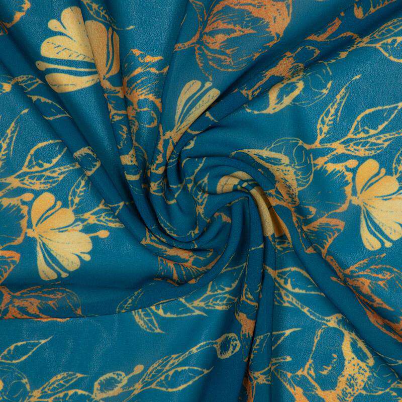 Blue And Beige Floral Pattern Digital Print American Crepe Fabric - Fabcurate