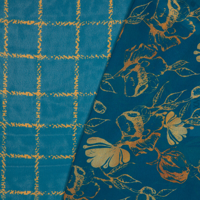 Blue And Beige Checks Pattern Digital Print American Crepe Fabric - Fabcurate