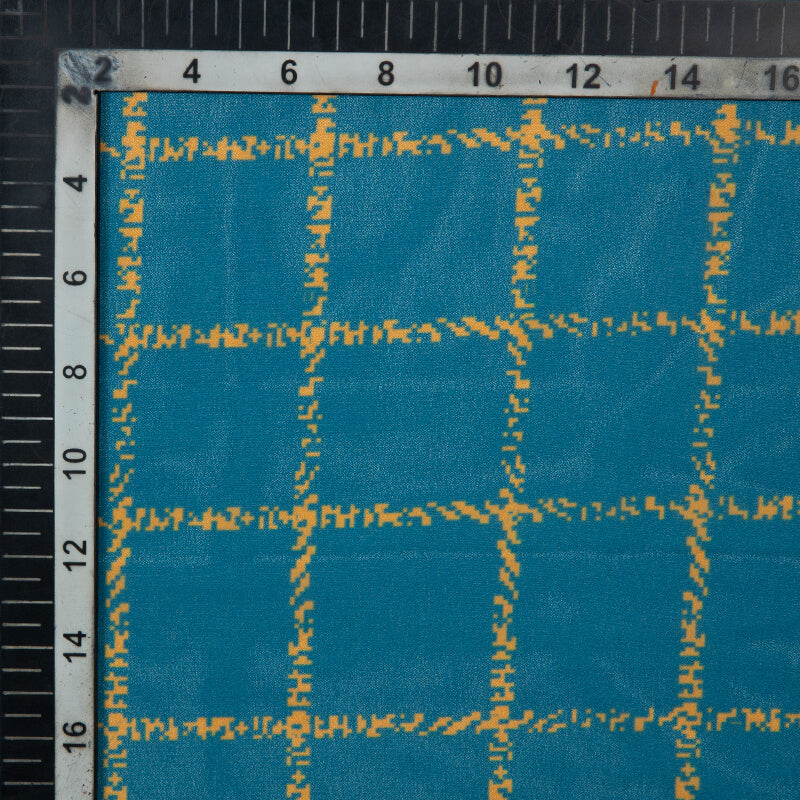 Blue And Beige Checks Pattern Digital Print American Crepe Fabric - Fabcurate