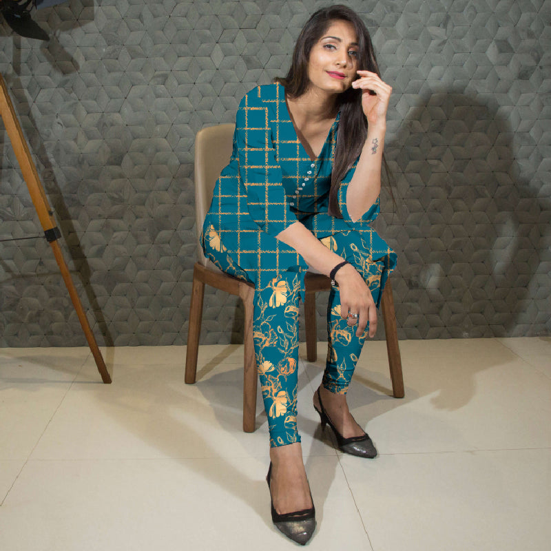Blue And Beige Checks Pattern Digital Print American Crepe Fabric - Fabcurate