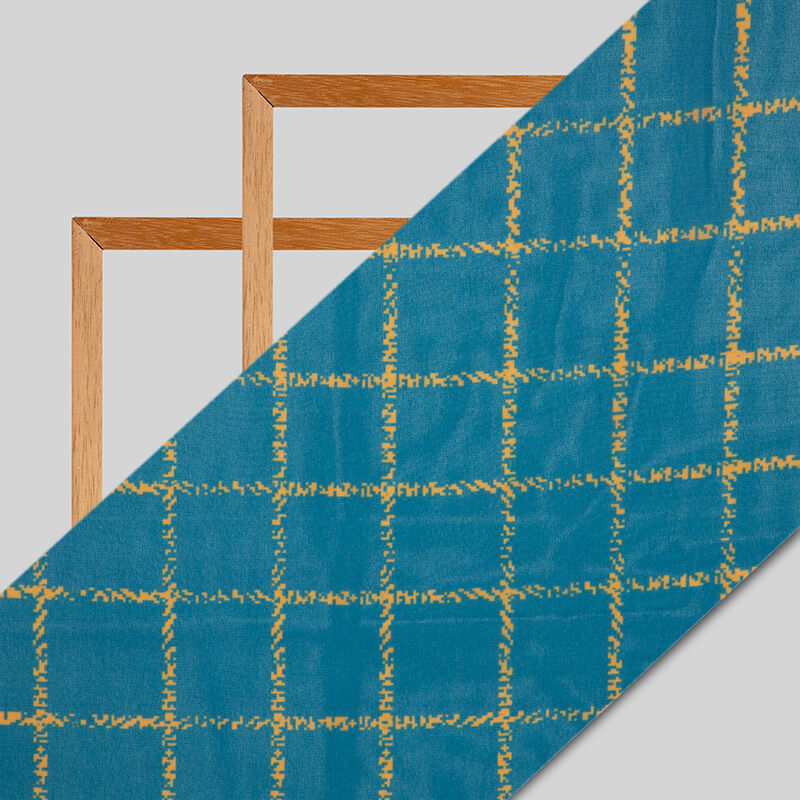 Blue And Beige Checks Pattern Digital Print American Crepe Fabric - Fabcurate