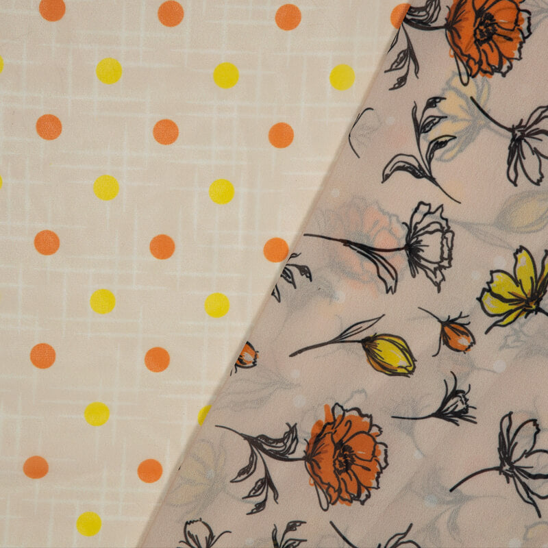 Cream Polka Pattern Digital Print American Crepe Fabric - Fabcurate