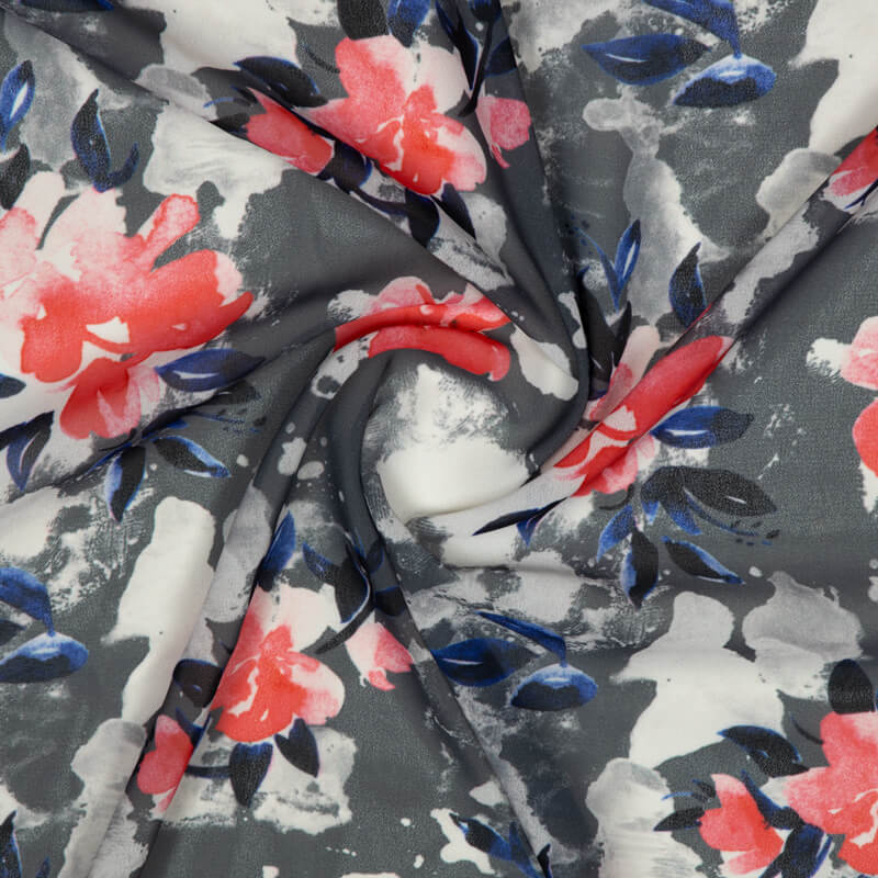 Dark Grey And Red Floral Pattern Digital Print American Crepe Fabric - Fabcurate