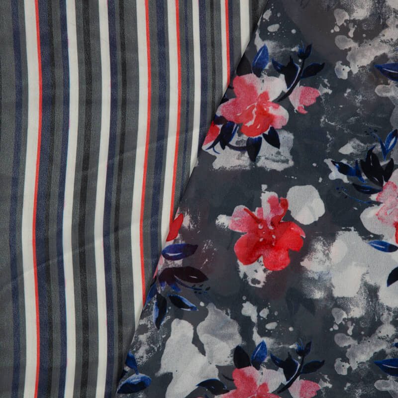 Dark Grey And Red Floral Pattern Digital Print American Crepe Fabric - Fabcurate