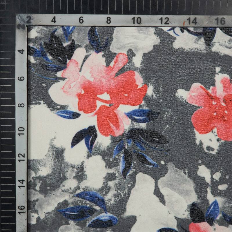 Dark Grey And Red Floral Pattern Digital Print American Crepe Fabric - Fabcurate