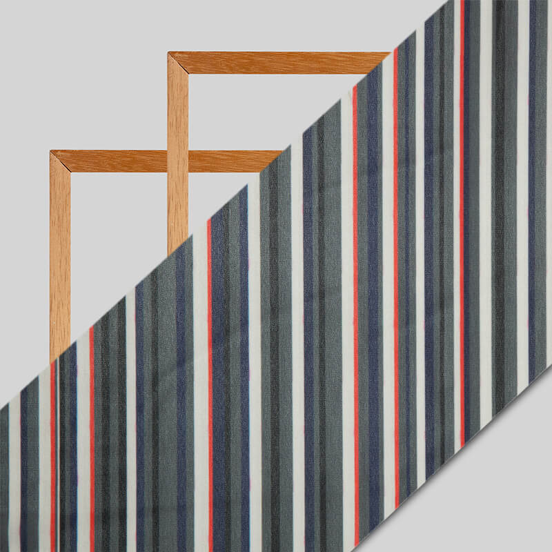 Dark Grey Stripes Pattern Digital Print American Crepe Fabric - Fabcurate