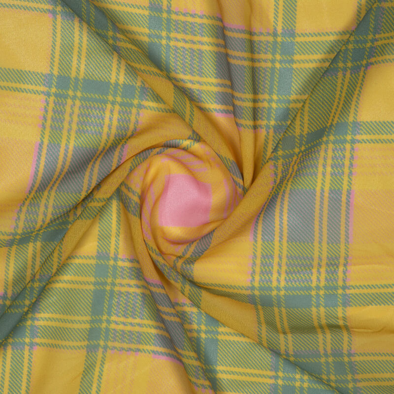 Yellow Checks Pattern Digital Print American Crepe Fabric - Fabcurate