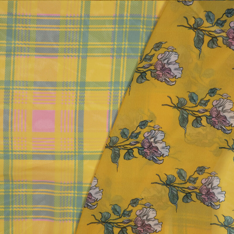 Yellow Checks Pattern Digital Print American Crepe Fabric - Fabcurate