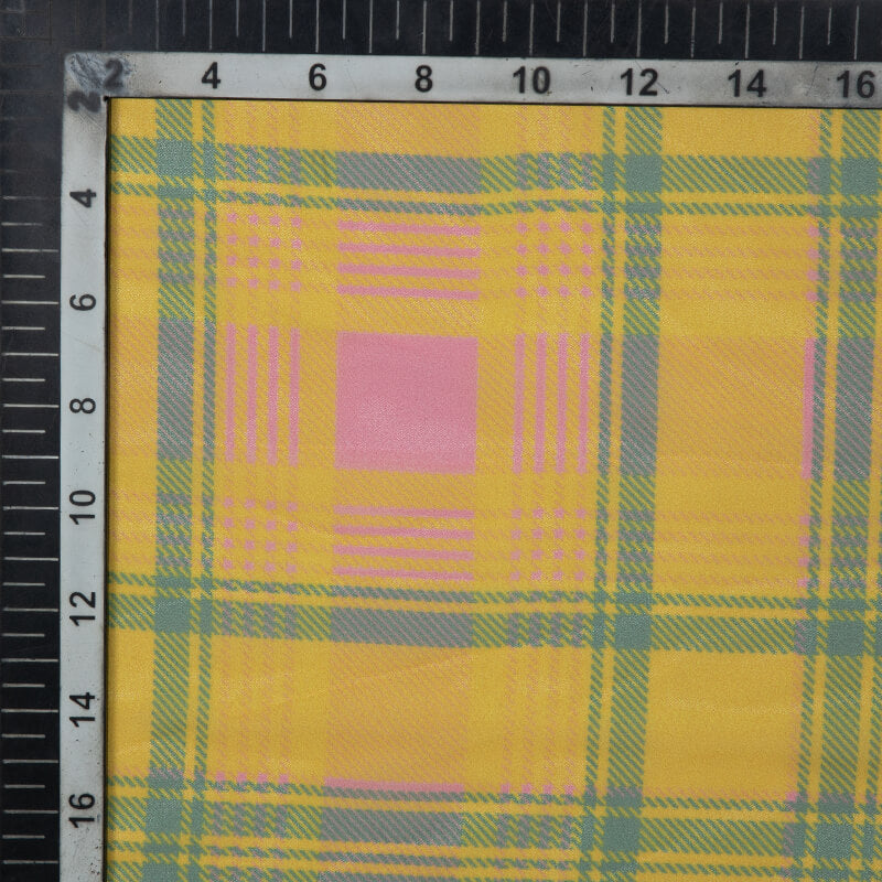 Yellow Checks Pattern Digital Print American Crepe Fabric - Fabcurate