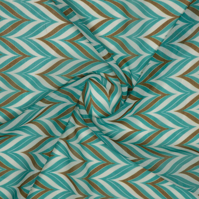 Teal And White Chevron Pattern Digital Print American Crepe Fabric - Fabcurate