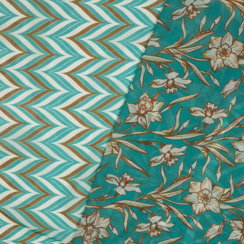 Teal And White Chevron Pattern Digital Print American Crepe Fabric - Fabcurate