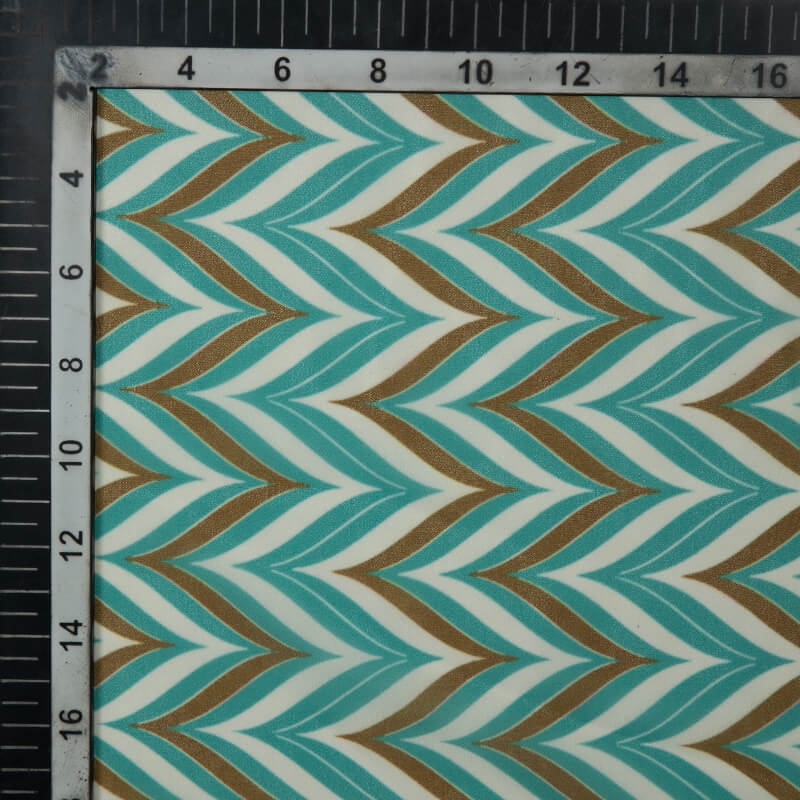 Teal And White Chevron Pattern Digital Print American Crepe Fabric - Fabcurate