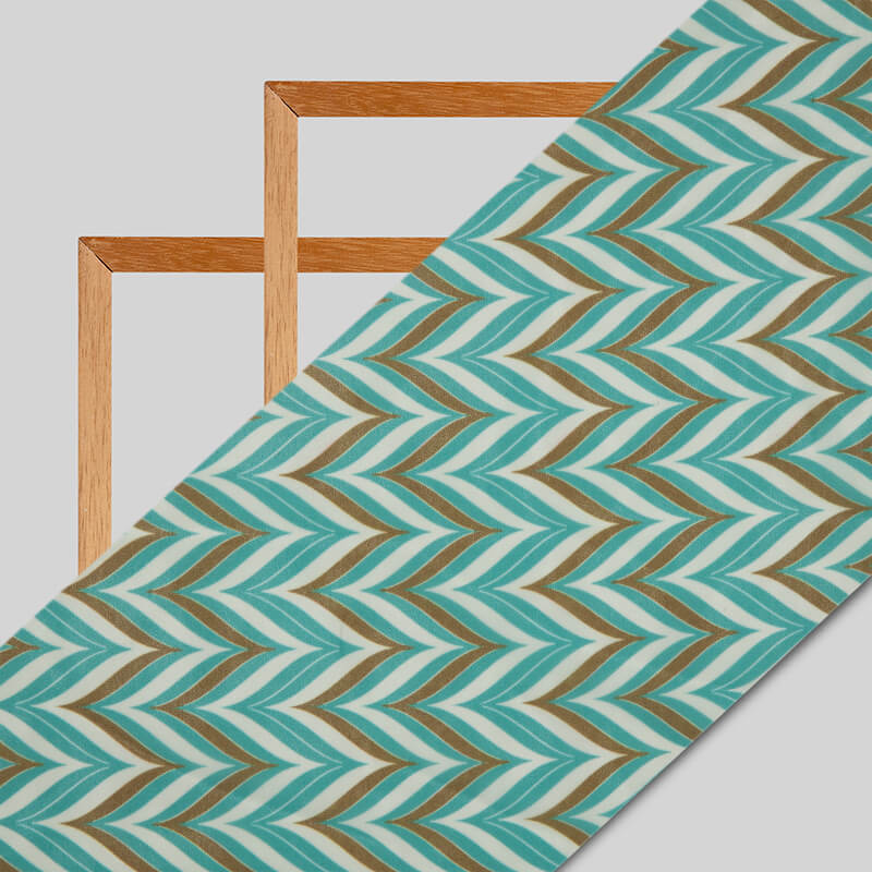 Teal And White Chevron Pattern Digital Print American Crepe Fabric - Fabcurate