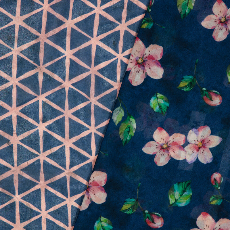 Blue And Pink Floral Pattern Digital Print American Crepe Fabric - Fabcurate
