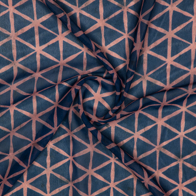 Blue And Pink Geometric Pattern Digital Print American Crepe Fabric - Fabcurate