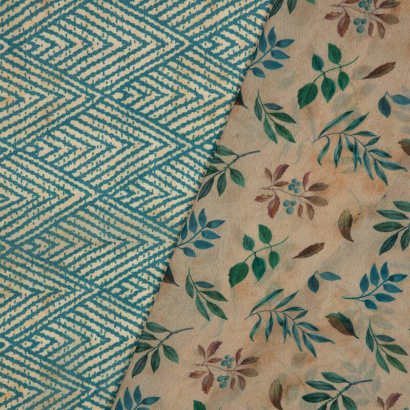 Beige And Turquoise Geometric Pattern Digital Print American Crepe Fabric - Fabcurate