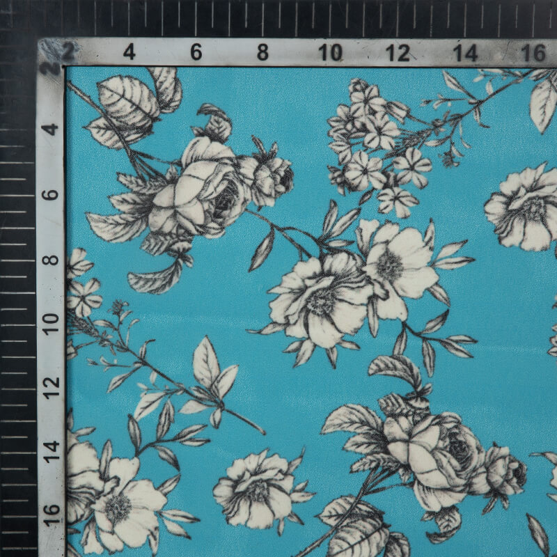 Sky Blue And White Floral Pattern Digital Print American Crepe Fabric - Fabcurate