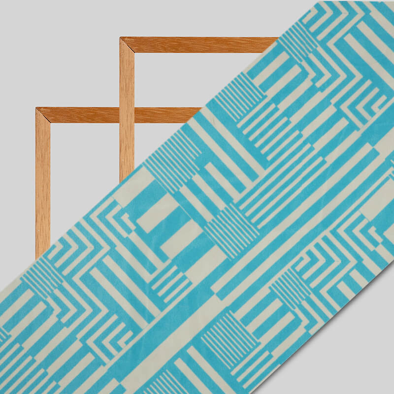 Sky Blue And White Geometric Pattern Digital Print American Crepe Fabric - Fabcurate
