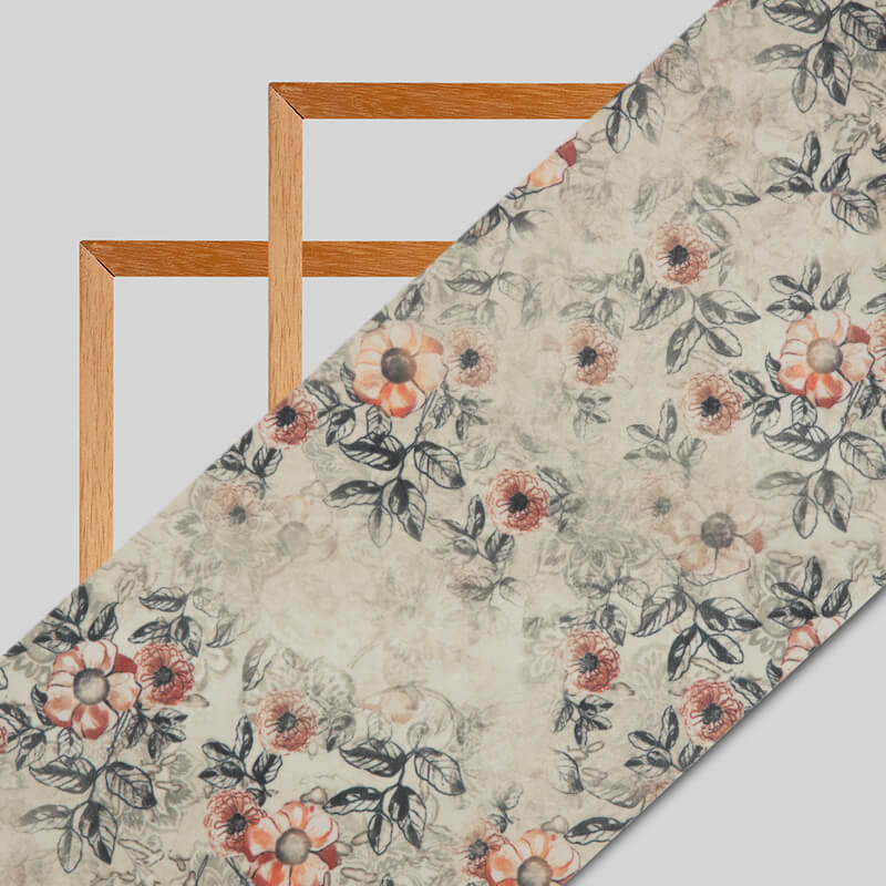 Beige Floral Pattern Digital Print American Crepe Fabric - Fabcurate