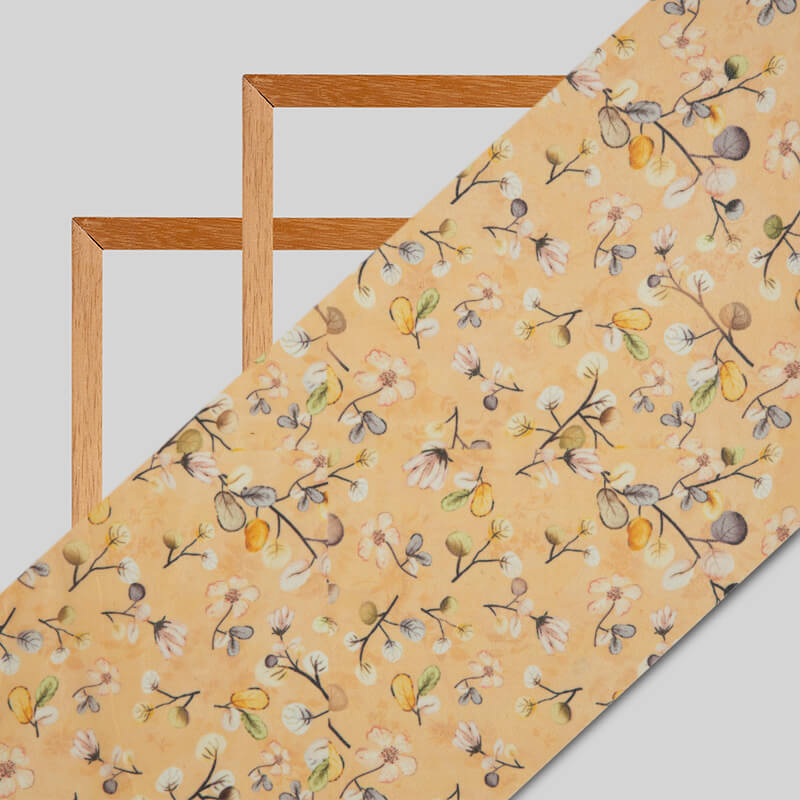 Pastel Orange Floral Pattern Digital Print American Crepe Fabric - Fabcurate