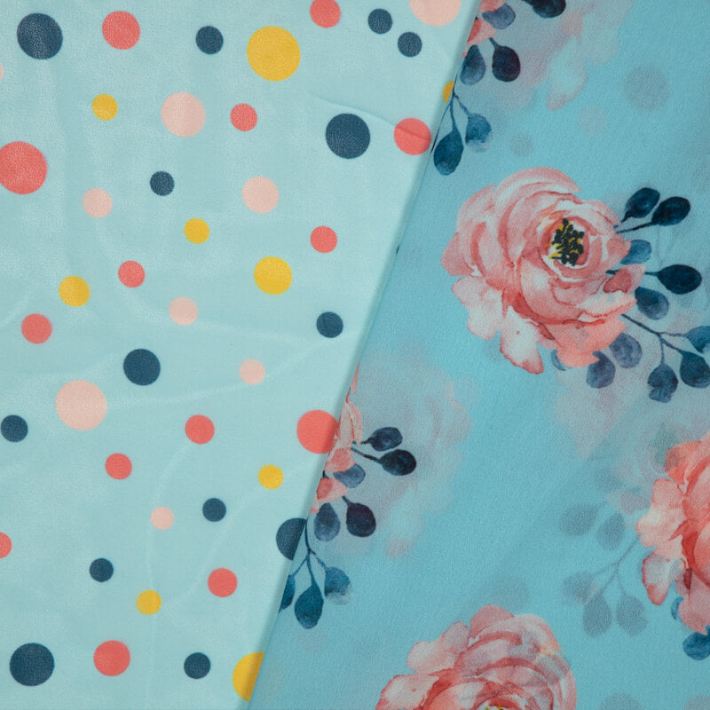 Teal Polka Pattern Digital Print American Crepe Fabric - Fabcurate