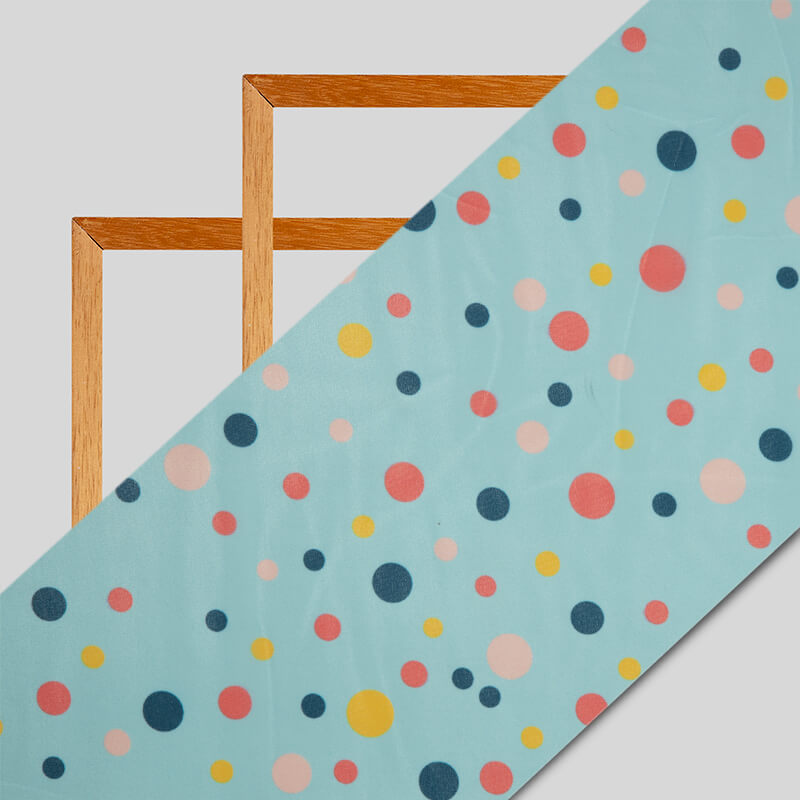 Teal Polka Pattern Digital Print American Crepe Fabric - Fabcurate