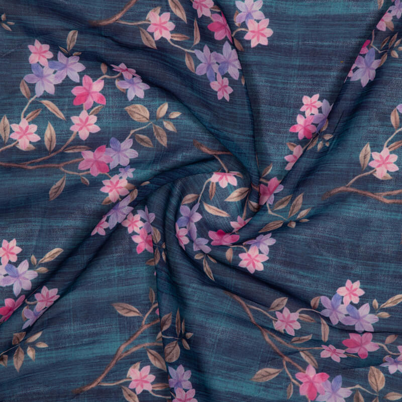 Prussian Blue Floral Pattern Digital Print American Crepe Fabric - Fabcurate