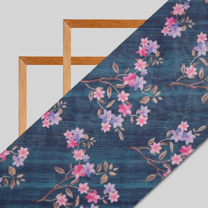 Prussian Blue Floral Pattern Digital Print American Crepe Fabric - Fabcurate