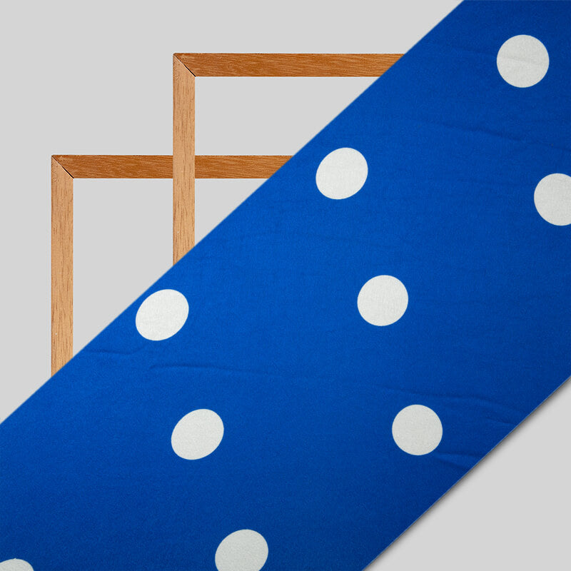 Blue And White Polka Dot Digital Print Japan Satin Fabric - Fabcurate