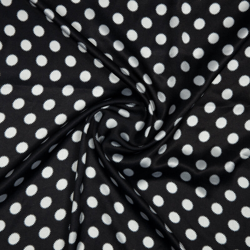 White And Black Polka Dot Digital Print Japan Satin Fabric - Fabcurate