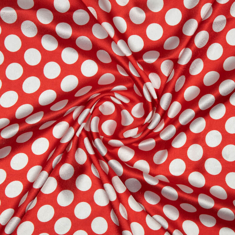 White And Red Polka Dot Digital Print Japan Satin Fabric - Fabcurate