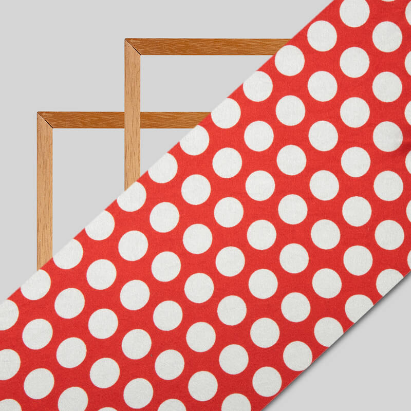 White And Red Polka Dot Digital Print Japan Satin Fabric - Fabcurate