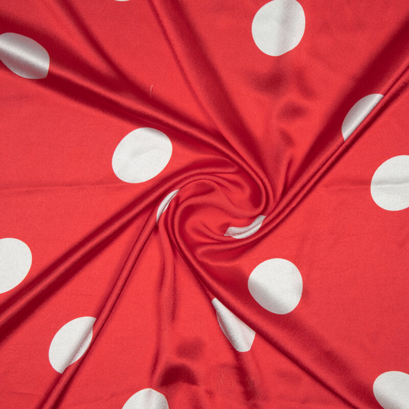 Red And White Polka Dot Digital Print Japan Satin Fabric - Fabcurate