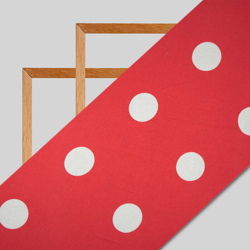 Red And White Polka Dot Digital Print Japan Satin Fabric - Fabcurate