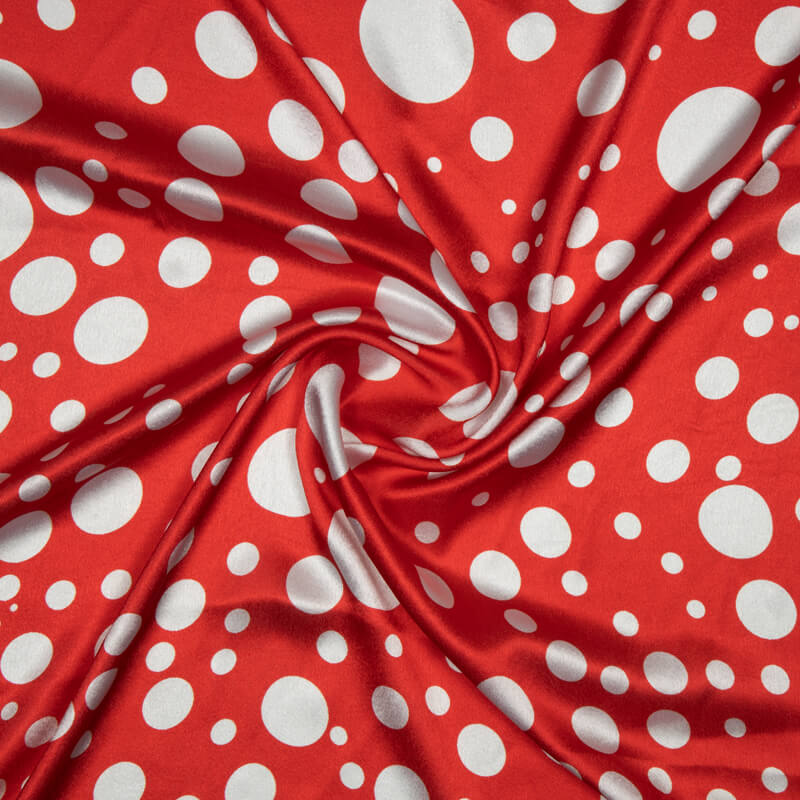 White And Red Polka Dot Digital Print Japan Satin Fabric - Fabcurate