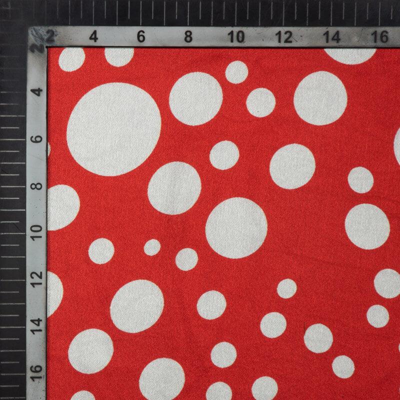 White And Red Polka Dot Digital Print Japan Satin Fabric - Fabcurate