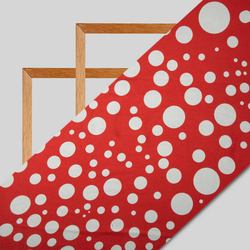 White And Red Polka Dot Digital Print Japan Satin Fabric - Fabcurate